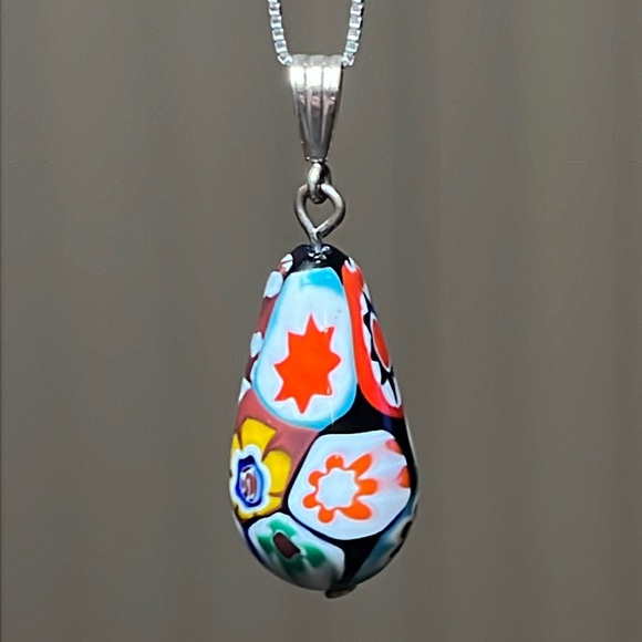Vintage Jewelry - VTG Murano Colorful Millefiori Glass Teardrop Sterling Silver Pendant Necklace